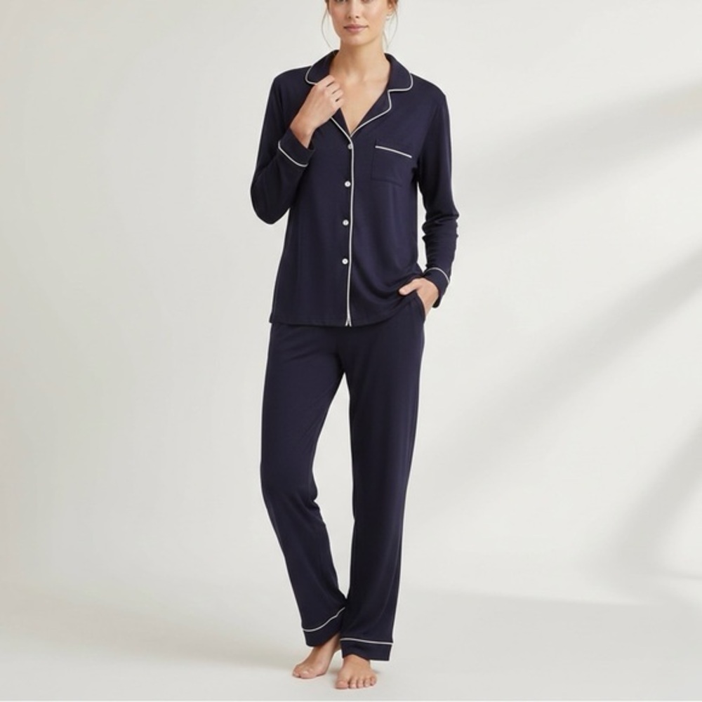 EBERJEY Gisele Long Sleeve Pajama Set Navy Ivory